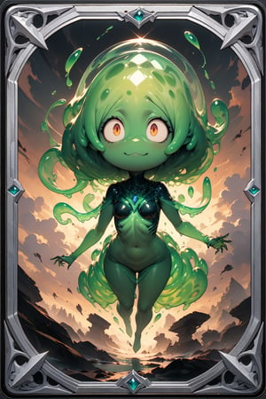 (masterpiece:1.4), ((best quality, 8k, ultra-detailed)), green slime boy, translucent, naughty, monster illustration, beautiful, full body, in TCG Card frame