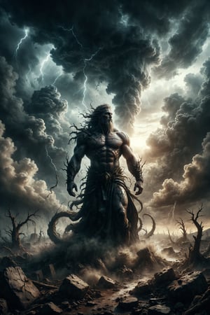 god of earth, full body, god of the earth, set in a landscape of mythical earth and tornadoes, epic and mistic composition