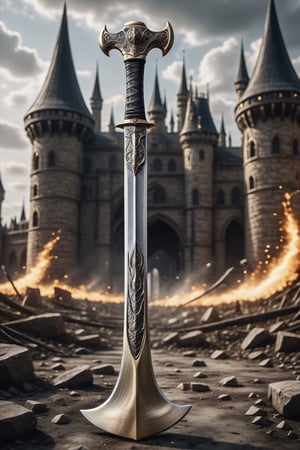(best quality,  highres,  ultra high resolution,  masterpiece,  realistic,  extremely photograph,  detailed photo,  8K wallpaper,  intricate detail,  film grains),  High definition photorealistic photography of ultra luxury,  Design concept of premium collectible Gothic and Medieval-style axe and sword,  set in a chaotic environment with swirling fire particles and a Gothic castle in the background. A luxurious design featuring marble,  glass,  and golden metal,  with black and white details. The design is inspired by the main stage of Tomorrowland 2022,  with ultra-realistic gothic details and a high level of intricacy in the image.