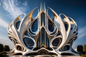 (best quality, highres, ultra high resolution, masterpiece, realistic, extremely photograph, detailed photo, 8K wallpaper, intricate detail,  film grains),High-definition photorealistic render of an exterior vertical sculptural casttle in parametric architecture,  with pointed,  dragon-wing-like symmetrical curves inspired by the constructions of Zaha Hadid. A luxurious design featuring marble,  glass,  and golden metal,  with black and white details. The design is inspired by the main stage of Tomorrowland 2022,  with ultra-realistic Art Deco details and a high level of intricacy in the image. The design Art Deco details and a high level of image complexity