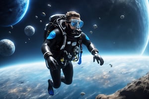 High-definition photorealistic render of a diver in a black suit with blue details, equipped with an oxygen tank, diving fins, and protective goggles, situated in interstellar space amidst magical planets, mystical fantasies, and meteorites.