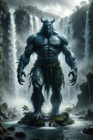 mega monster gigant epic god of water, full body, located in a mega waterfalls  landscape, the god must have body parts made of water epic monster  and mistic composition