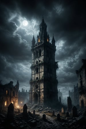 mitica y misteriosa escena gotica de Una torre gotica antigua que se alza solitaria en una noche tormentosa, con relámpagos que iluminan figuras fantasmales en sus ventanas.