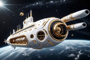High-definition photorealistic render of a luxurious submarine with a futuristic and parametric design, white with black and golden accents, in the gravity of interstellar space, with galaxies and meteorites orbiting.