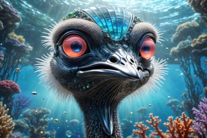 Biomechanical ostrich made out of glass in magical ocean full of stars and mist, with many coral reefs, iridicent glass gem, (transparent), (intricate detailed), UHD, HDR+, (hyperdetailed:1.2), centered,cyborg style,Movie Still,Leonardo Style