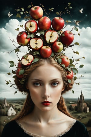Generate an aesthetically fascinating collage artwork, complex double exposure art by Alex Stoddard, Natalia Drepina and Brooke Shaden, a surreal postcard. Double exposure of a woman with a apples composition in her head, as a form of thoughts. long_exposure, long_exposure