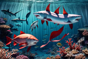 HD Photorealistic Rendering of a Macro Scene, from the Depths of the Sea. The Scene Must be Macro, with Mystical Fish and Sharks, and Magical Creatures, Featuring Coral Reefs and Abundant Mystery and Luxurious Treasures.