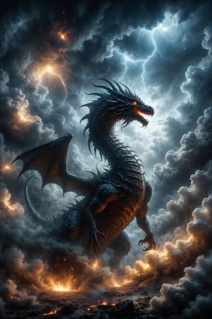 genera una hermosa escena de fantacia, dentro del espacio del cielo, rodeado de nubes etereas, Un dragón de tormenta con escamas relampagueantes que ruge en el firmamento, controlando los vientos y relámpagos.