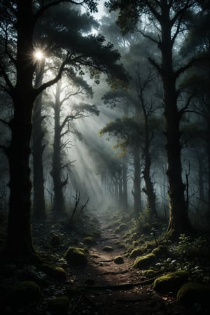 mitica y misteriosa escena gotica de Un bosque oscuro iluminado por luciérnagas que emiten una luz fría y fantasmagórica entre los árboles retorcidos.