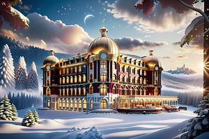 High-definition photorealistic render of Architectural design concept of a grand, luxurious hotel entirely immersed in Baroque style, adorned with gold, white, and burgundy. The exterior is surrounded by a forest of mystical fantasy, filled with pine trees and mist, with light snowfall. This opulent hotel draws inspiration from the setting of Tomorrowland, exuding fantasy and opulence. This is a photographic scene designed with advanced photography, CGI, and VFX parameters, in high definition, ensuring flawless execution. a high level of intricacy in the image.