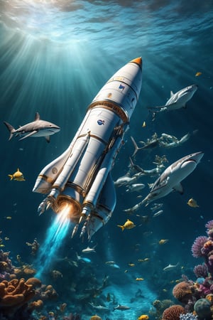 High-definition photorealistic render of a luxurious NASA rocket, sailing in the depths of the sea, with sharks, mermaids, and fish. In the foreground, an astronaut with intricate and luxurious details