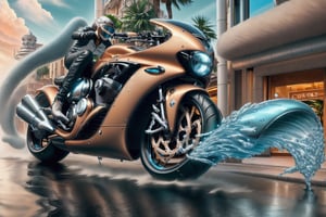 High definition photorealistic photography professional of a luxury super bike modern fluid curves on a street luxury monaco, high details insane parametric