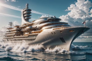 High definition photorealistic render of a luxury mega cruiser top vie gold and withe, parametric style sahad hadid, very sculptural and with fluid and organic shapes, gold, with black and white details. The design Art Deco details and a high level of image complexity.