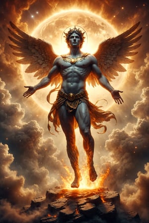 God of mercury Hermes full body, is a swift and agile god, with wings on his sandals and helmet. He is associated with speed and travel, reflecting Mercury's fast orbit and proximity to the Sun. Fast and agile like the planet that bears his name. It has wings on its heels that allow it to move quickly. His face reflects the extreme duality of temperatures of Mercury, with one half of the face warm and the other cold.