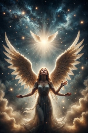 genera una hermosa escena de fantasia, Un ángel con alas luminosas que canta junto a las estrellas, transmitiendo armonía y gracia celestial.
