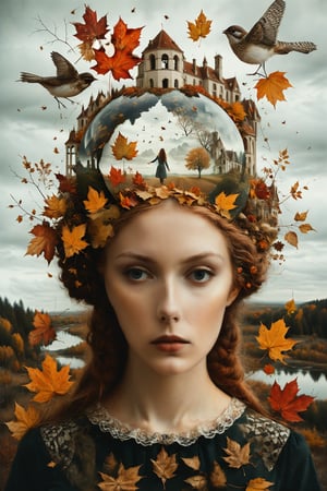 Generate an aesthetically fascinating collage artwork, complex double exposure art by Alex Stoddard, Natalia Drepina and Brooke Shaden, a surreal postcard. Double exposure of a woman with a autumn composition in her head, as a form of thoughts. long_exposure, long_exposure