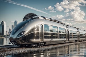 High definition photorealistic render of a luxury train in city luxury, parametric style sahad hadid, very sculptural and with fluid and organic shapes, gold, with black and white details. The design Art Deco details and a high level of image complexity.