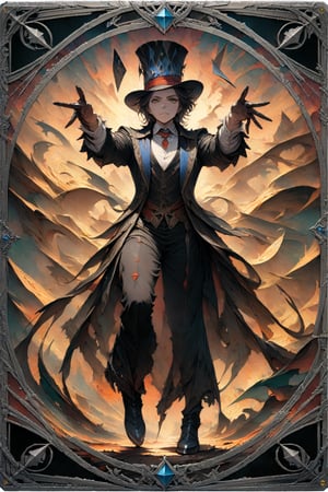 (masterpiece:1.4), ((best quality, 8k, ultra-detailed)), a magician, illustration, full body, in TCG Card frame