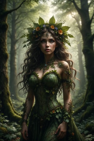 Queen of forest, full body, Sylvana is a woodland goddess, her hair adorned with leaves and flowers that change with the seasons. Her eyes reflect the tranquility and mystery of deep forests.