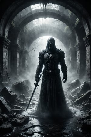 mitica y misteriosa escena gotica de Un caballero fantasma en armadura brillante, montando un corcel blanco que atraviesa un puente cubierto de niebla.
