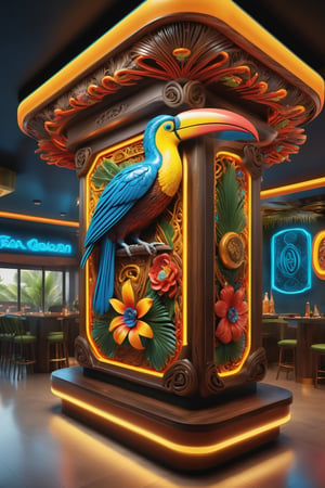 High-definition photorealistic render of Large exterior architectural masterpiece of a mega luxury Colombian food restaurant,  featuring colors yellow,  blue,  and red,  blending neon tropical style with Celtic border decorations,  floral ornaments,  neon lights,  and showcasing a intricately carved wooden sculpture of a toucan. A tribute to Colombian gastronomy,  combining the tropical and neon elements.",  high level of intricacy in the image