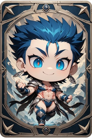 (masterpiece:1.4), ((best quality, 8k, ultra-detailed)), perfect anatomy, detailed eyes, Cú Chulainn, chibi, cool, (smile:1.3), full body, beautiful character illustration, in TCG Card frame