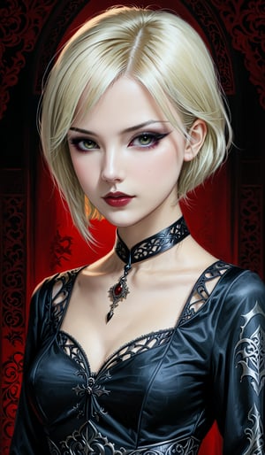 score_9, score_8_up, score_7_up, score_6_up, masterpiece,best quality,illustration,style of Jessica Galbreth portrait of dark gothic girl,Gothic,Short blonde hair,Chinese girl,