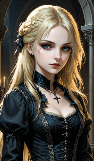 score_9, score_8_up, score_7_up, score_6_up, masterpiece,best quality,illustration,style of Leonardo portrait of dark Gothic girl,Gothic,Casual Clothing,Blonde hair,