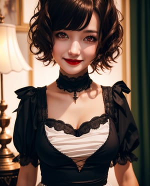 1girl,black short hair,Red eyes,Portrait photograph, Best quality, masterpiece, cinematic, ultra high res, soft lighting, high quality, film grain,Gothic blouse and dress,HD photo,medium breast,evil smile,child,