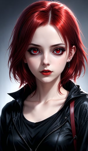 score_9, score_8_up, score_7_up, score_6_up, masterpiece,best quality,illustration,style of Realistic portrait of dark Goth Casual Girl,Red Hair,Red eyes,glossy skin,