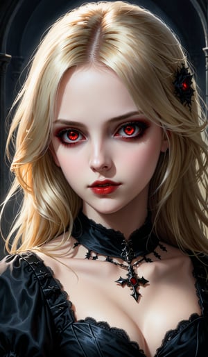 score_9, score_8_up, score_7_up, score_6_up, masterpiece,best quality,illustration,style of Realistic portrait of dark Gothic girl,Blonde hair,Red eyes,