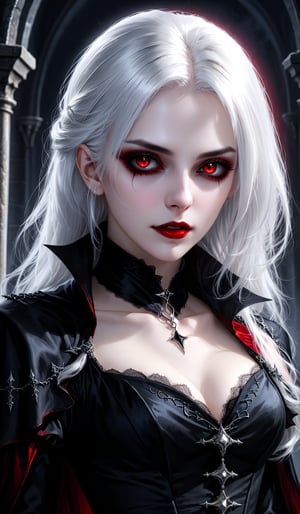 score_9, score_8_up, score_7_up, score_6_up, masterpiece,best quality,illustration,style of Realistic portrait of dark Gothic Vampire girl,White hair,Red eyes,