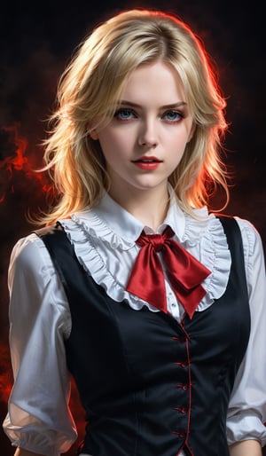 score_9, score_8_up, score_7_up, score_6_up, masterpiece,best quality,illustration,style of Realistic portrait of ExRumia,Frilled Blouse,Blonde hair,red Eyes,Black Vest,Red Collar,long exposure,HDR, Contrast,