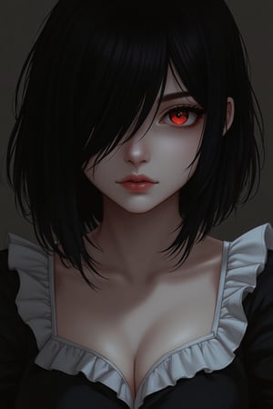 A high-quality, masterpiece illustration of a realistic portrait featuring a woman with black hair covering her left eye and intense red eyes. She wears a maid's frilled blouse, captured in a close-up shot with detailed facial features. The lighting is dramatic, highlighting her mysterious expression and elegant attire. The composition centers on her upper body, drawing attention to her unique hairstyle and captivating gaze.