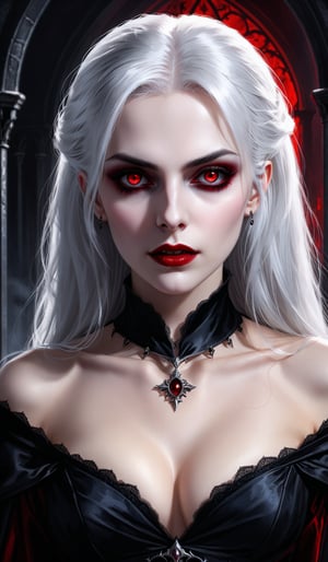 score_9, score_8_up, score_7_up, score_6_up, masterpiece,best quality,illustration,style of Realistic portrait of dark Gothic Vampire woman,White hair,Red eyes,