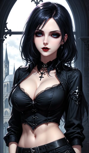 score_9, score_8_up, score_7_up, score_6_up, masterpiece,best quality,illustration,style of Tonny portrait of dark Gothic girl, Casual Clothing,big breasts,