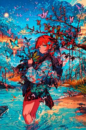 1 girl,raining,have moonlight,on the beach,green tree and grass behand the girl,deep green hire,（shirt:0.5）,（bule eyes:1.5）,white wind,gloden leaf,{{pixel style}},pixel,colorful butterfly,the girl fly on zhe sky