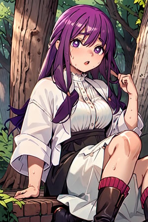 breasts, looking_at_viewer, feet, head_tilt, sweat, petite, girl,woman,female,  long hair, hime cut, bangs, hair between eyes, sidelocks, purple hair, two-tone hair, flowing hair, cardigan, white_shirt, white_skirt, boots, formal, white Clothes, outdoors, tree, leaves, ascii art, ultra detailed, very fine 8K CG wallpaper,Blunt bangs