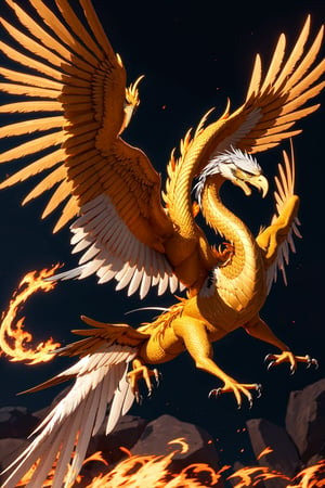 gigantic bird of fire on its wings gold feathers, bright silver claws, eagle head, silver crest, great curved beak, elongated golden tail, alicanto, golden dragon bird

,DonMF1re,MetalAI