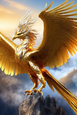 gigantic bird of fire on its wings gold feathers, bright silver claws, eagle head, silver crest, great curved beak, elongated golden tail, alicanto, golden dragon bird

