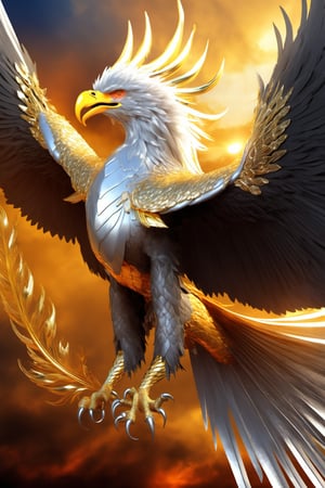 gigantic bird of fire on its wings gold feathers, bright silver claws, eagle head, silver crest, great curved beak, elongated golden tail, alicanto, golden dragon bird

