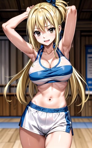 Lucy_Heartfilia 1girl solo blonde_hair brown_eyes hair_ribbon breasts large_breasts long_hair  blue_ribbon ribbon in_gym gym (((alternative_costume))) crop_top cleavage sports_shorts hands_on_own_head arms_up armpits smile sexy sexy_pose sexy_expresion standing sweat side_ponytail 