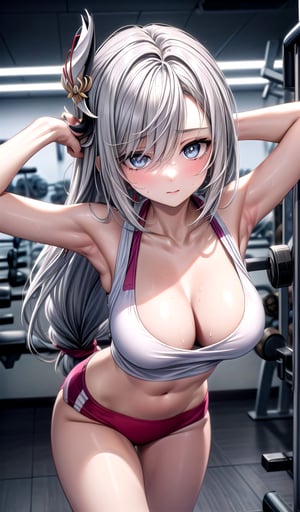 shenhe 1girl bare_shoulders blue_eyes breasts collarbone hair_ornament (large_breasts) long_hair looking_at_viewer low-tied_long_hair solo tassel very_long_hair white_hair gym in_gym gym_scenary (((white_crop_top))) cleavage thong arms_up armpits hands_on_own_head sweat (narrow_hip) leaning_forward