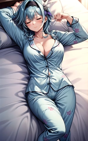 Eula 1girl  blue_hair large_breasts closed_mouth  hair_ornament hairband light_blue_hair solo closed_eyes sleeping happy sexy_pose sexy breast (((pajama))) short_pajama (((cleavage))) in_bedroom short_hair lying_on_bed