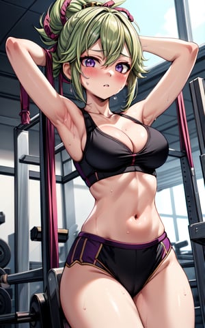 kukishinobu 1girl armpits arms_up blush bra breasts  cleavage collarbone green_hair hair_between_eyes hair_ornament looking_at_viewer medium_breasts purple_eyes  solo sweat (((black_crop_top))) thong cleavage sexy sexy_pose gym in_gym gym_scenary 