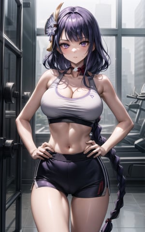 raidenshogun 1girl closed_mouth flower hair_flower more_details:1 ((hair_ornament))) (((large_breasts))) long_hair looking_at_viewer purple_eyes purple_hair solo sweat very_long_hair sexy sexy_pose  (((bare_neck))) in_gym gym standing (((hands_on_the_hips))) (((purple_crop_top))) cleavage thong bare_arms raiden_shogun (((single_braid))) (((bare_arms)))