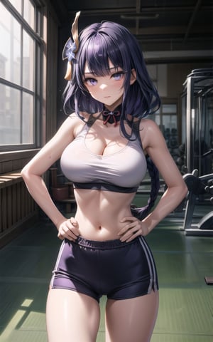 raidenshogun 1girl closed_mouth flower hair_flower more_details:1 ((hair_ornament))) (((large_breasts))) long_hair looking_at_viewer purple_eyes purple_hair solo sweat very_long_hair sexy sexy_pose  (((bare_neck))) in_gym gym standing (((hands_on_the_hips))) (((purple_crop_top))) cleavage thong bare_arms raiden_shogun (((single_braid))) (((bare_arms)))