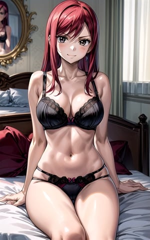Erza_scarlet 1girl (((black_bra))) panties breasts (brown_eyes) looking_at_viewer red_hair ((((large_breasts)))) standing in_bedroom sexy sexy_pose sexy_expresion smile ((sitting_on_bed)) 