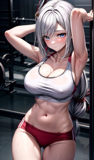 shenhe 1girl bare_shoulders blue_eyes breasts collarbone hair_ornament (large_breasts) long_hair looking_at_viewer low-tied_long_hair solo tassel very_long_hair white_hair gym in_gym gym_scenary (((white_crop_top))) cleavage thong arms_up armpits hands_on_own_head sweat (narrow_hip) closed_mouth
