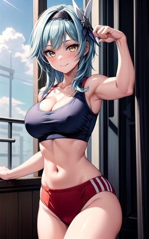 Eula 1girl  blue_hair blue_sky breasts closed_mouth  hair_ornament hairband light_blue_hair solo yellow_eyes smile happy sexy_pose sexy breast (((crop_top))) thong ((cleavage)) in_gym short_hair large_breasts